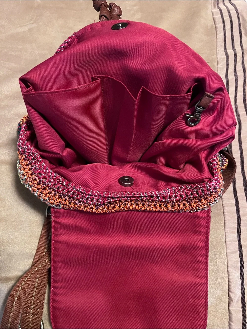The Sak Avalon Brown & Multicolor Crochet Backpack with Patterned Strap